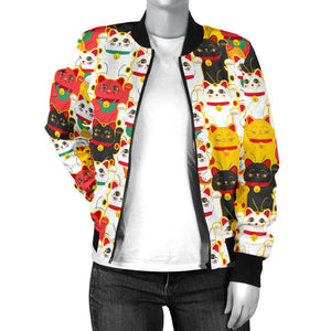 Colorful Maneki Neko Lucky Cat Pattern Women'S Bomber Jacket