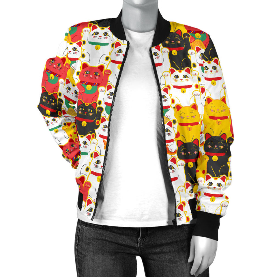 Colorful Maneki Neko Lucky Cat Pattern Women'S Bomber Jacket