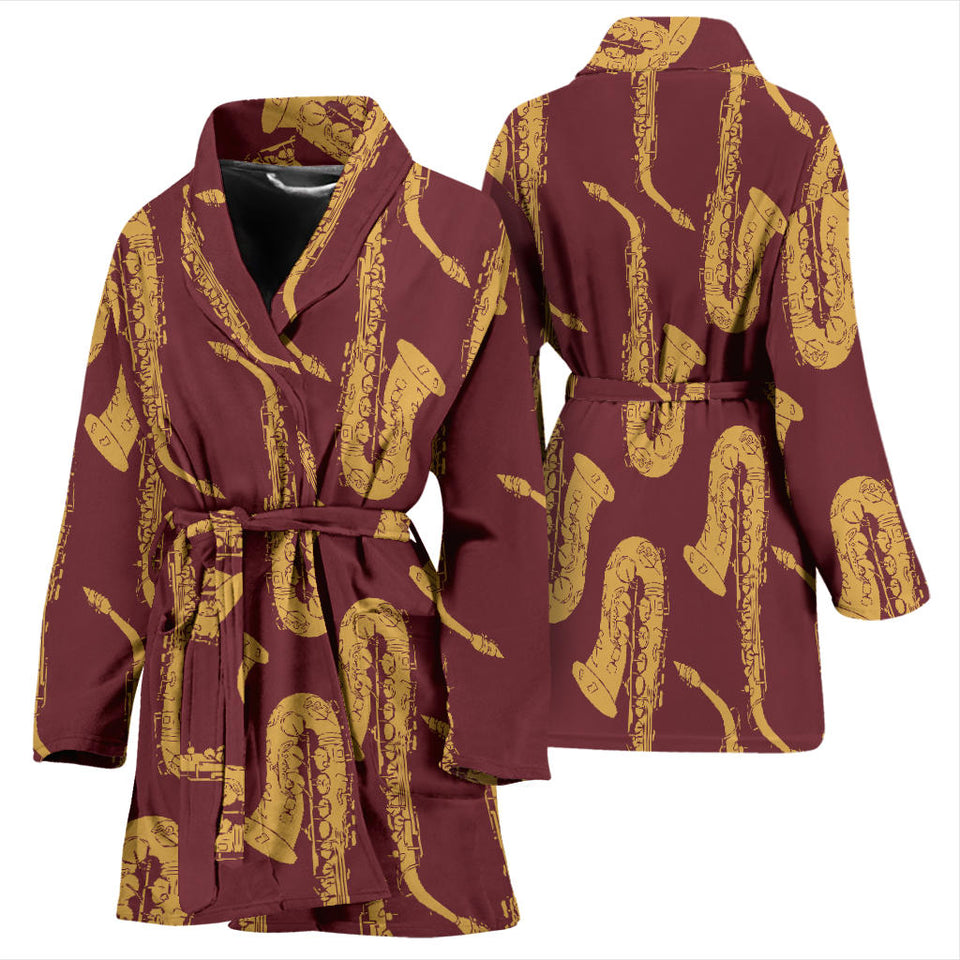 Hand Drawn Gold Saxophone Red Background  Women'S Bathrobe