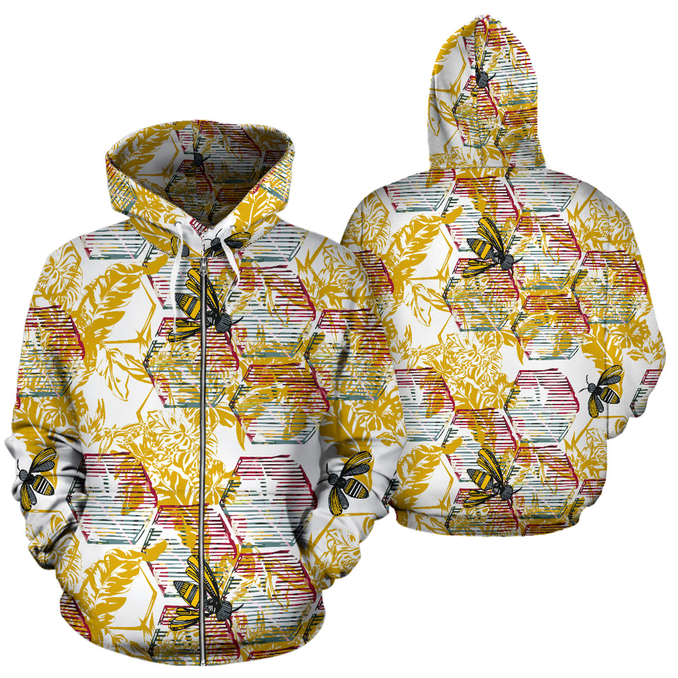 Cool Bee Honeycomb Leaves Pattern Zip Up Hoodie