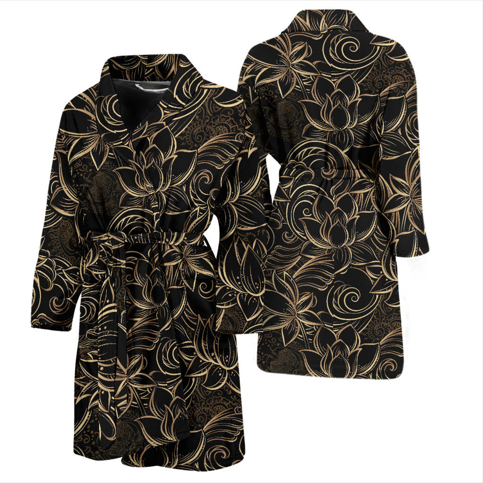Luxurious Gold Lotus Waterlily Black Background Men'S Bathrobe