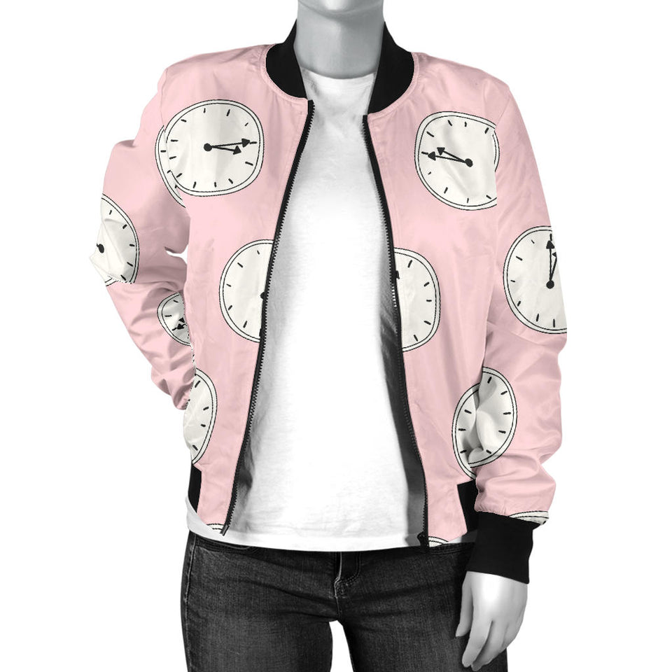 Clock Pattern Pink Blackground Women'S Bomber Jacket