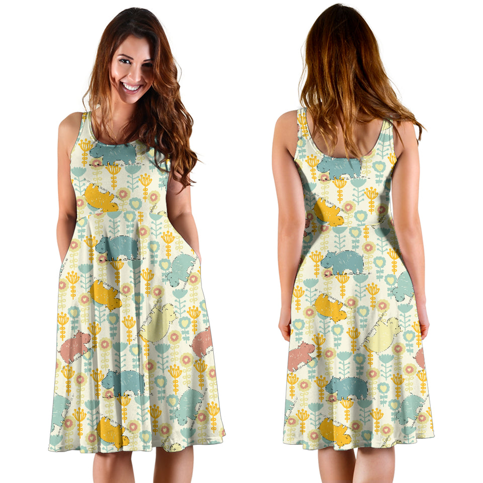 Hippopotamus Pattern Print Design 04 Sleeveless Midi Dress