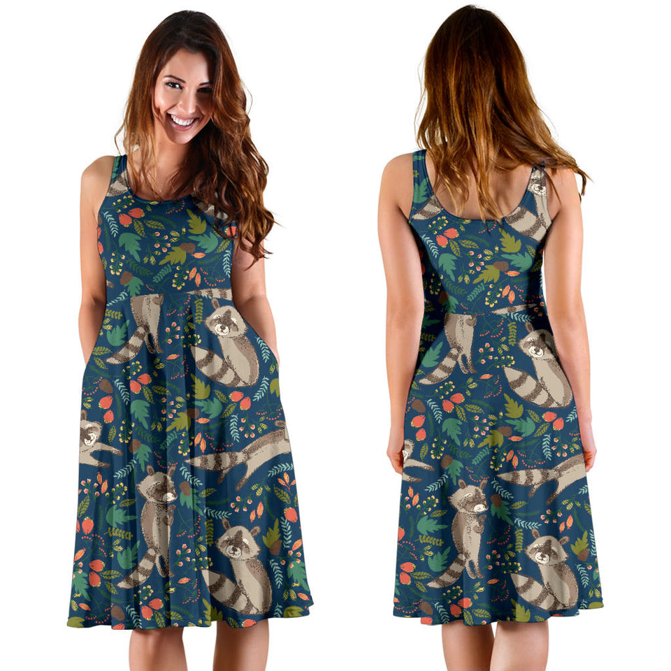 Raccoon Tropical Leaves Pattern Sleeveless Midi Dress
