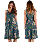 Raccoon Tropical Leaves Pattern Sleeveless Midi Dress