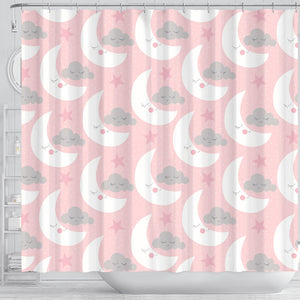 Cute Moon Cloud Star Pattern Pink Dot Background Shower Curtain Fulfilled In US