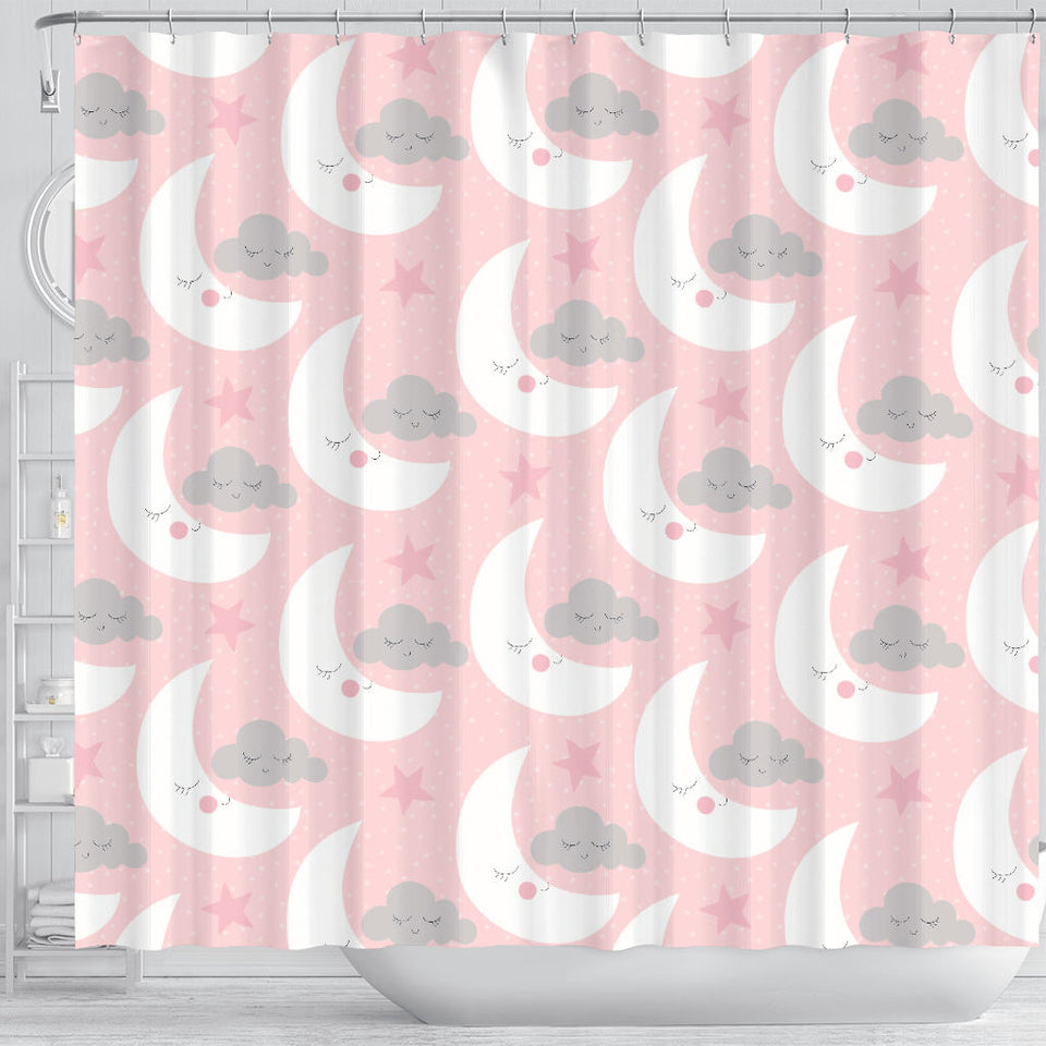 Cute Moon Cloud Star Pattern Pink Dot Background Shower Curtain Fulfilled In US