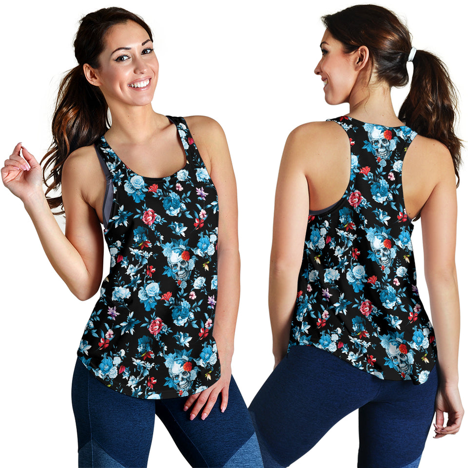 Skull flower roses leave pattern Women Racerback Tank Top