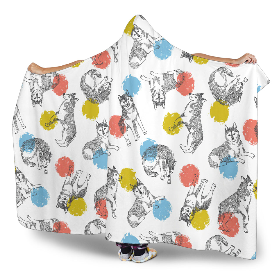 Siberian Husky And Colorful Circle Pattern Hooded Blanket