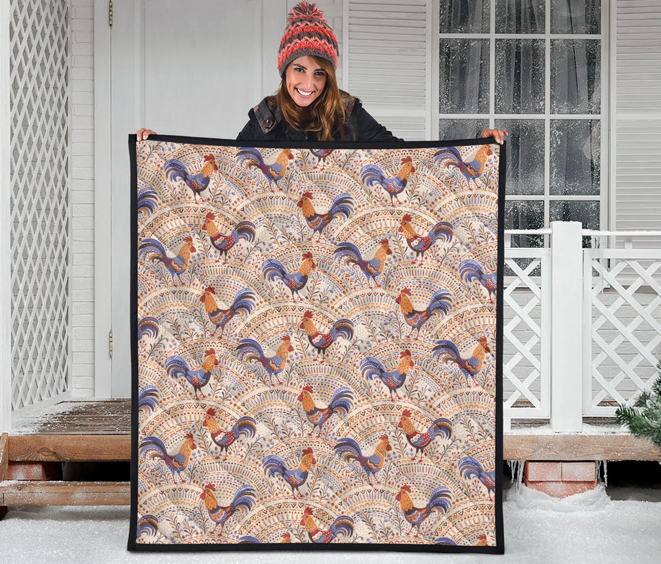 Cute Rooster Chicken Cock Floral Ornament Background Premium Quilt