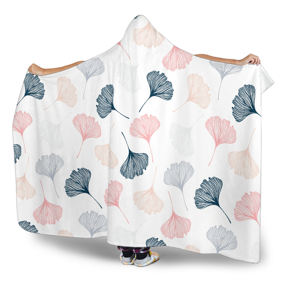 Black Gray Cream Coral Ginkgo Leaves Pattern Hooded Blanket