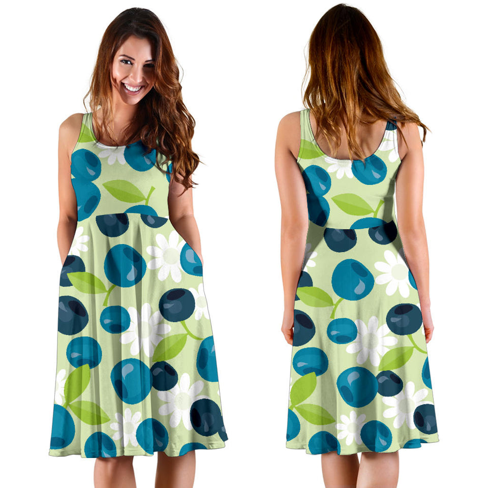 Blueberry Flower Pattern Sleeveless Midi Dress