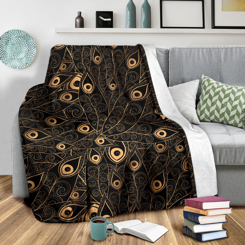 Gold Peacock Feather Pattern Premium Blanket