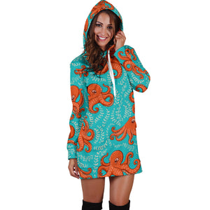 Octopus Turquoise Background Women'S Hoodie Dress
