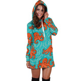 Octopus Turquoise Background Women'S Hoodie Dress