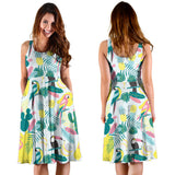 Cute Parrot Toucan Flamingo Cactus Exotic Leaves Pattern Sleeveless Midi Dress