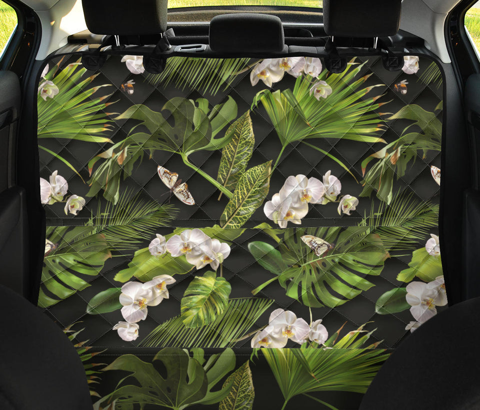 White Orchid Flower Tropical Leaves Pattern Blackground Dog Car Seat Covers