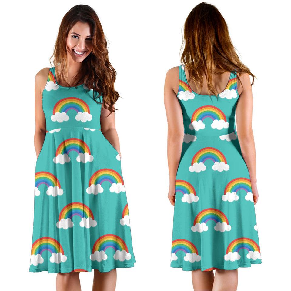 Rainbow Pattern Green Background Sleeveless Midi Dress