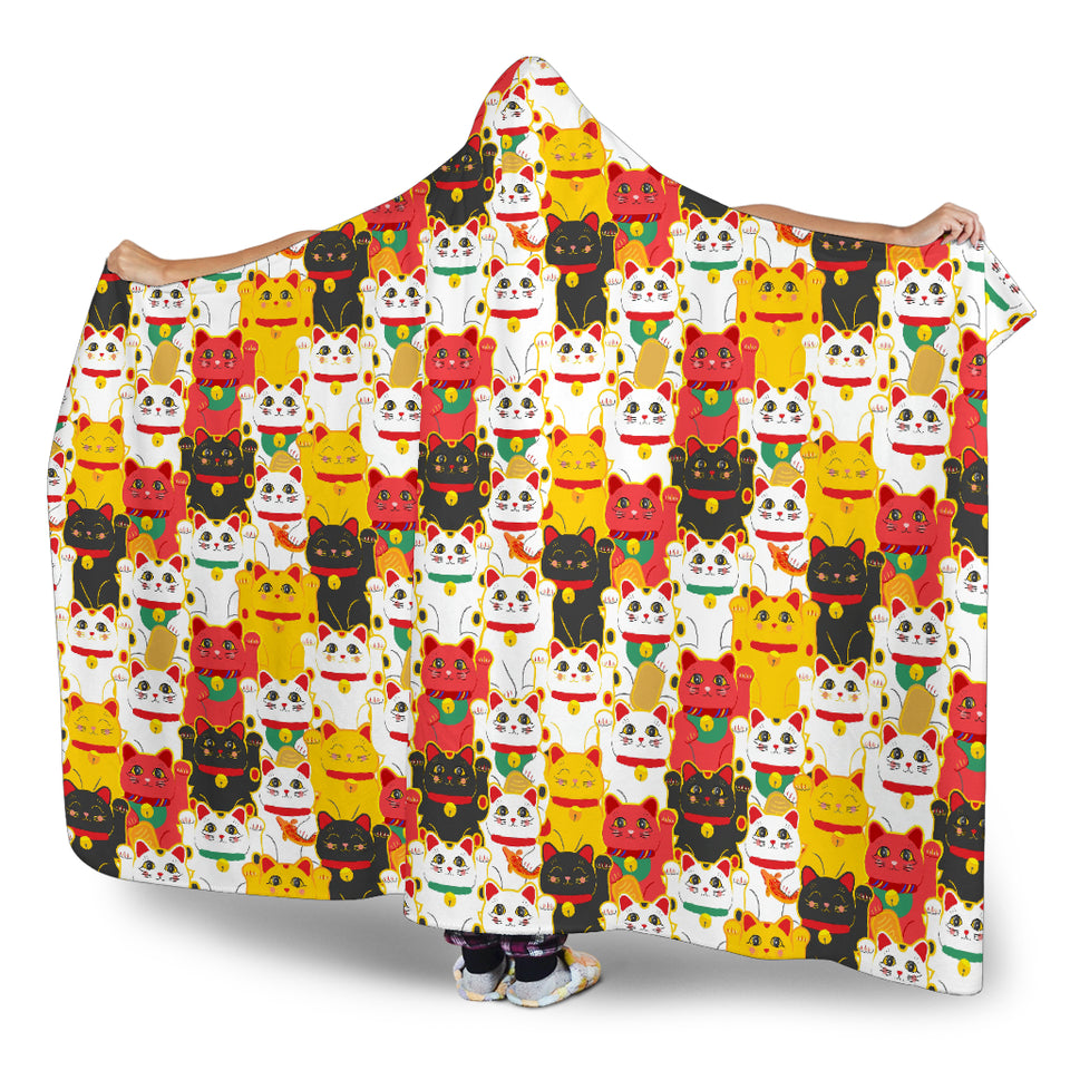 Colorful Maneki Neko Lucky Cat Pattern Hooded Blanket