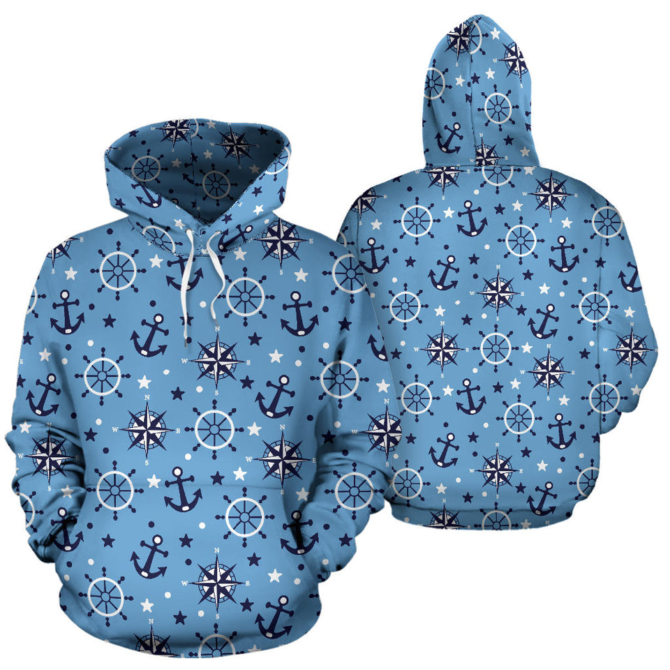 Anchors Rudder Compass Star Nautical Pattern Men Women Pullover Hoodie