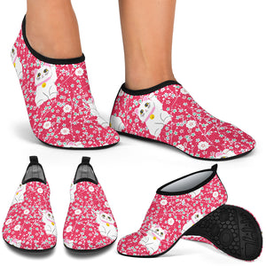 Maneki Neko Lucky Cat Sakura Pink Background Aqua Shoes