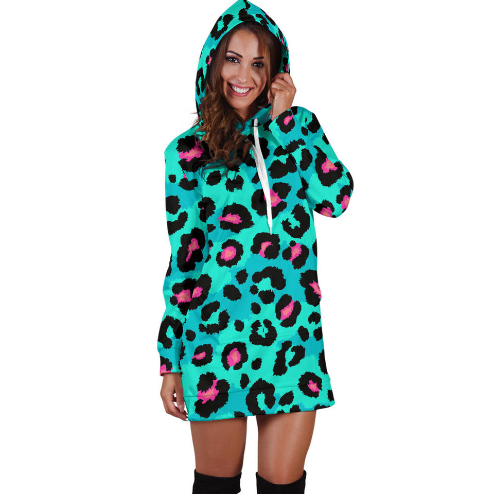 Green Leopard Skin Print Pattern Women'S Hoodie Dress