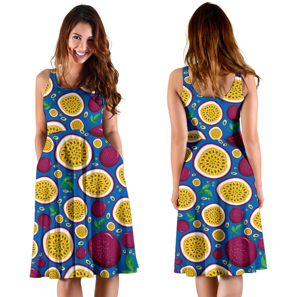 Passion Fruit Blue Background Sleeveless Midi Dress