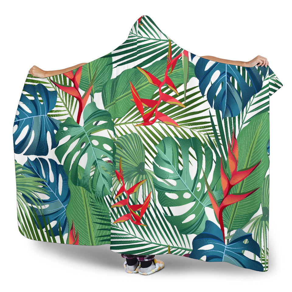 Heliconia Palm And Monstera  Leaves Pattern Hooded Blanket