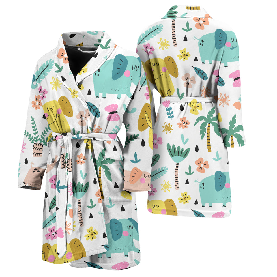 Cute Elephants Palm Tree Flower Butterfly Pattern Men'S Bathrobe