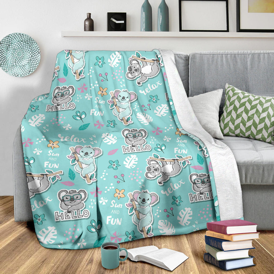 Cute Koalas Blue Background Pattern Premium Blanket