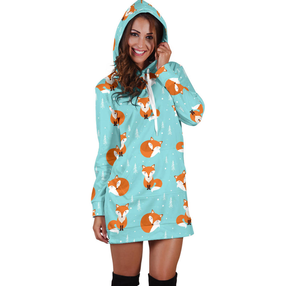 Fox Pattern Blue B Ackground Women'S Hoodie Dress