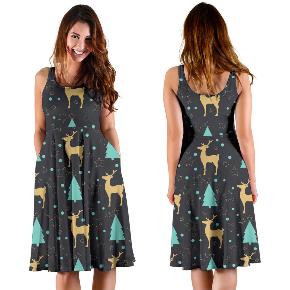 Deers Star Tree Pattern Sleeveless Midi Dress