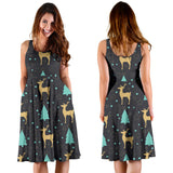 Deers Star Tree Pattern Sleeveless Midi Dress