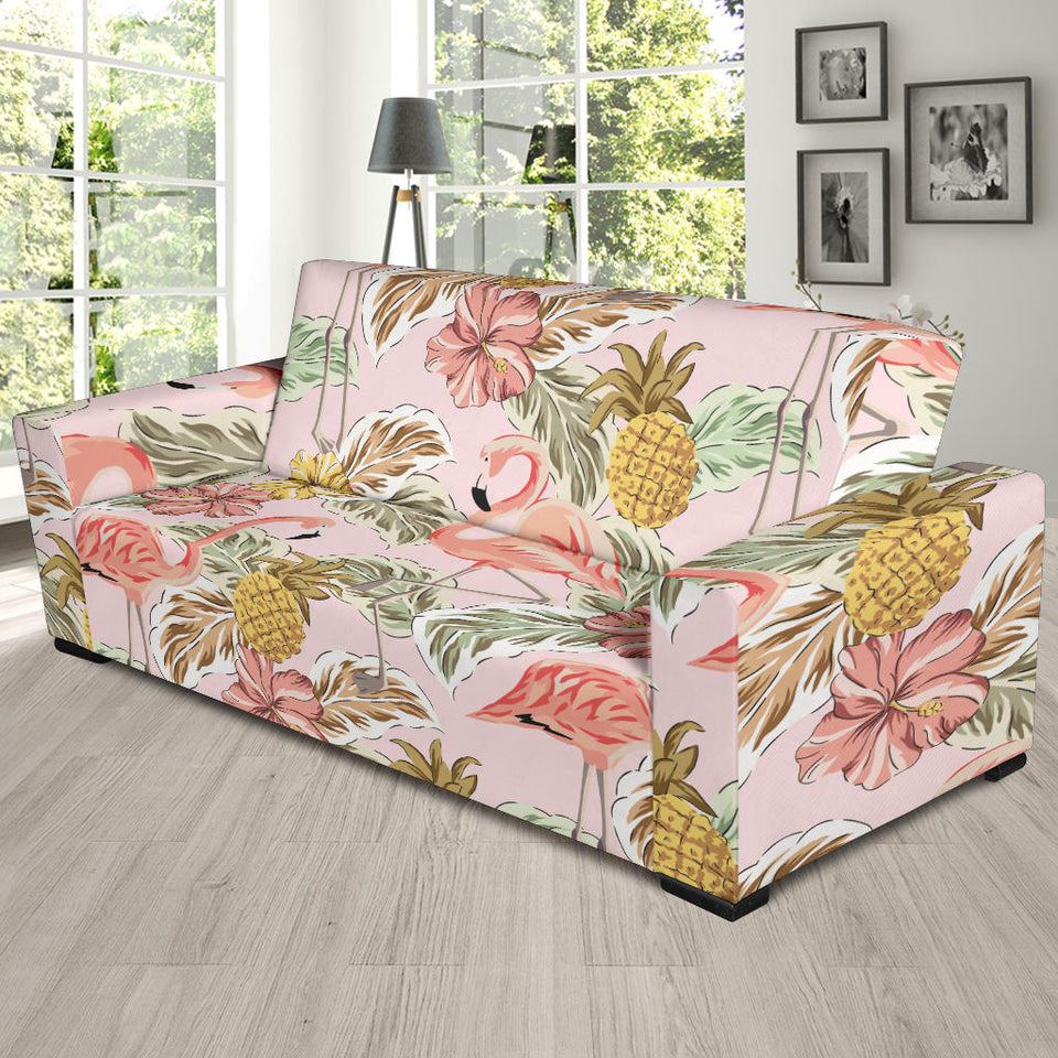 Pink Flamingo Birds Pineapples Hibiscus Flower Pattern Sofa Slipcover