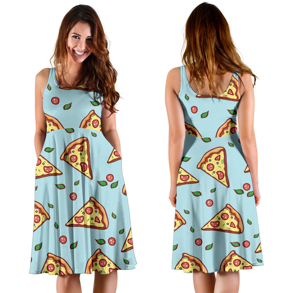 Hand Drawn Pizza Blue Background Sleeveless Midi Dress