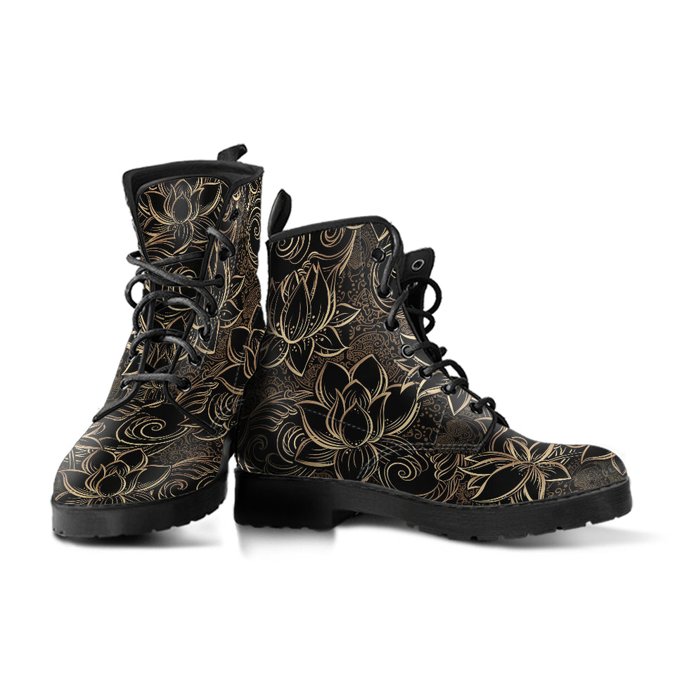 Luxurious Gold Lotus Waterlily Black Background Leather Boots