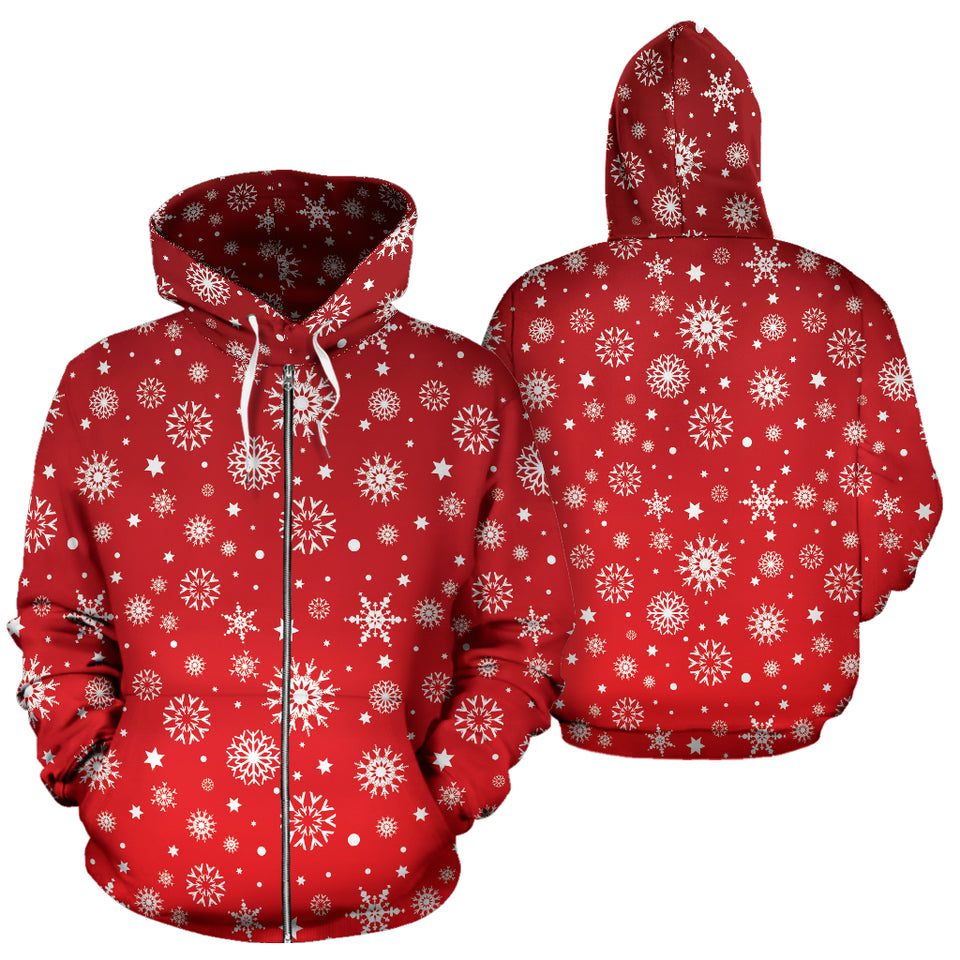 Snowflake Pattern Red Background Zip Up Hoodie