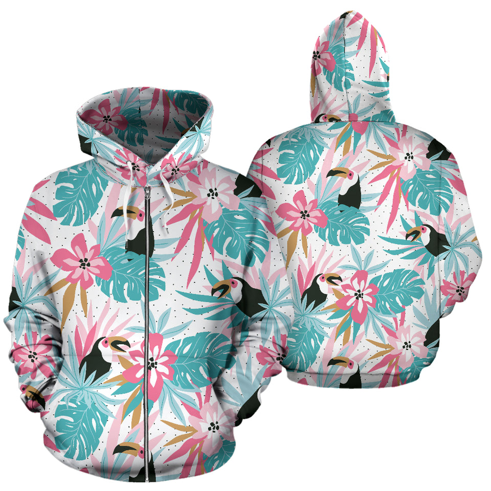 Toucan Tropical Flower Leave Pattern Zip Up Hoodie