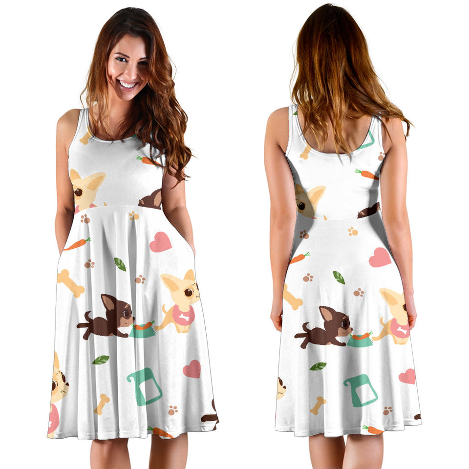 Cute Chihuahua Puppie Pattern Sleeveless Midi Dress
