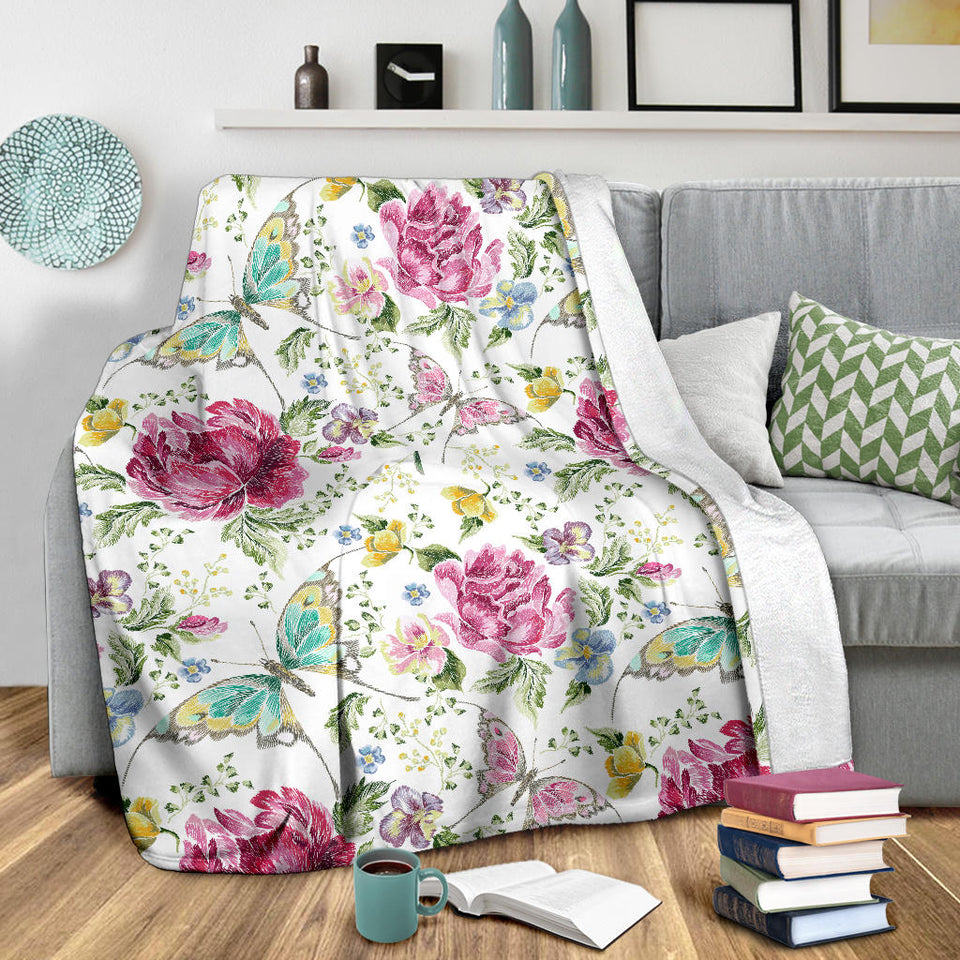 Hand Drawn Butterfly Rose Premium Blanket