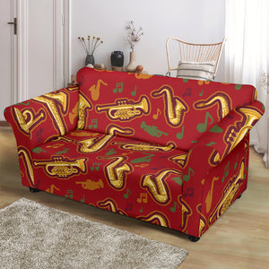 Saxophone Cornet Pattern Red Background Loveseat Couch Slipcover