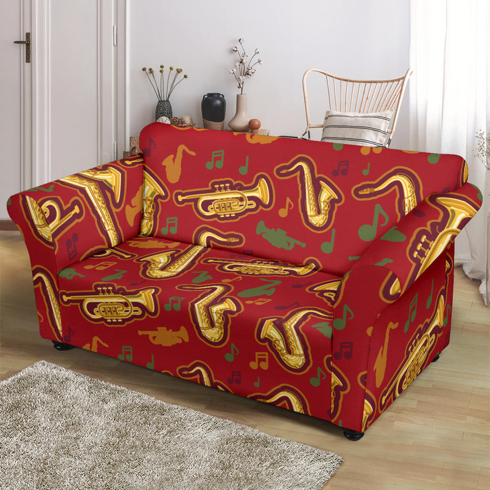 Saxophone Cornet Pattern Red Background Loveseat Couch Slipcover