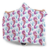 Purple Seahorse Blue Coral Pattern Hooded Blanket