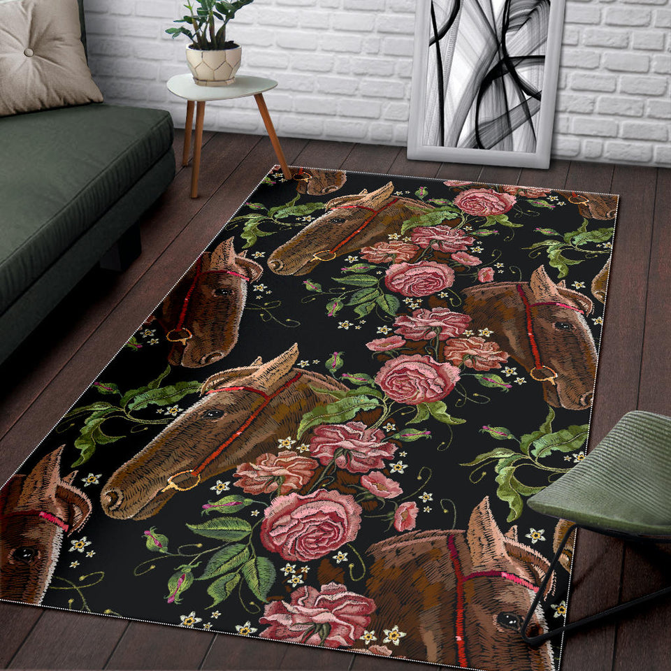 Horse Head Wild Roses Pattern Area Rug