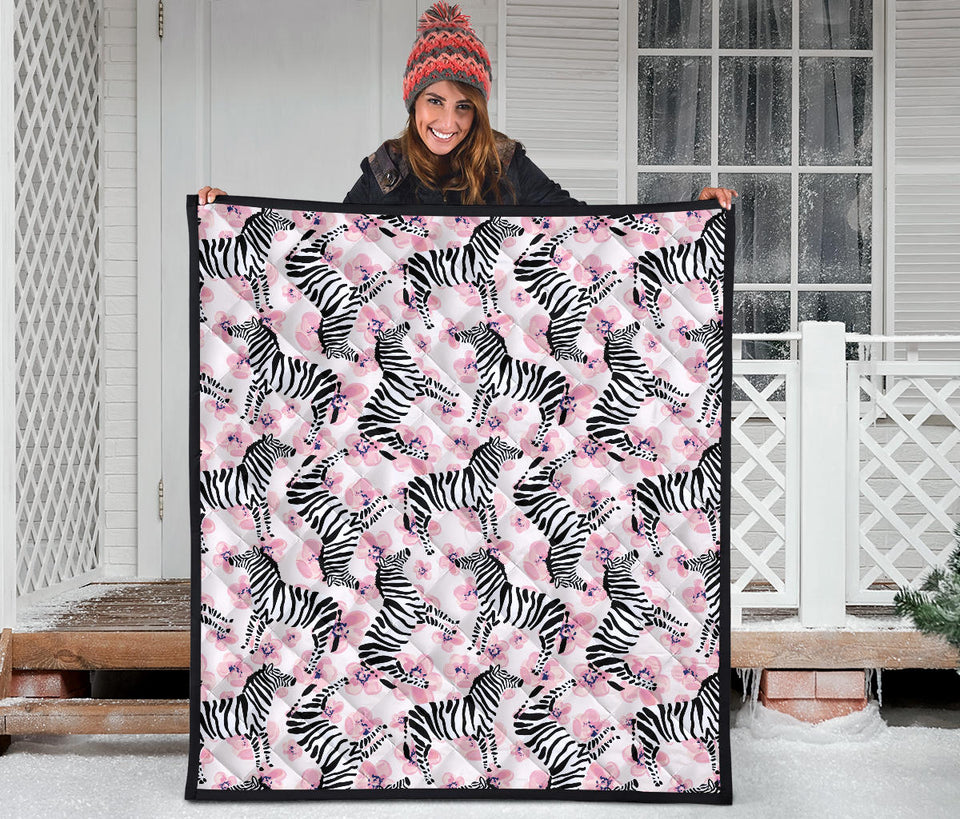 Zebra Pink Flower Background Premium Quilt