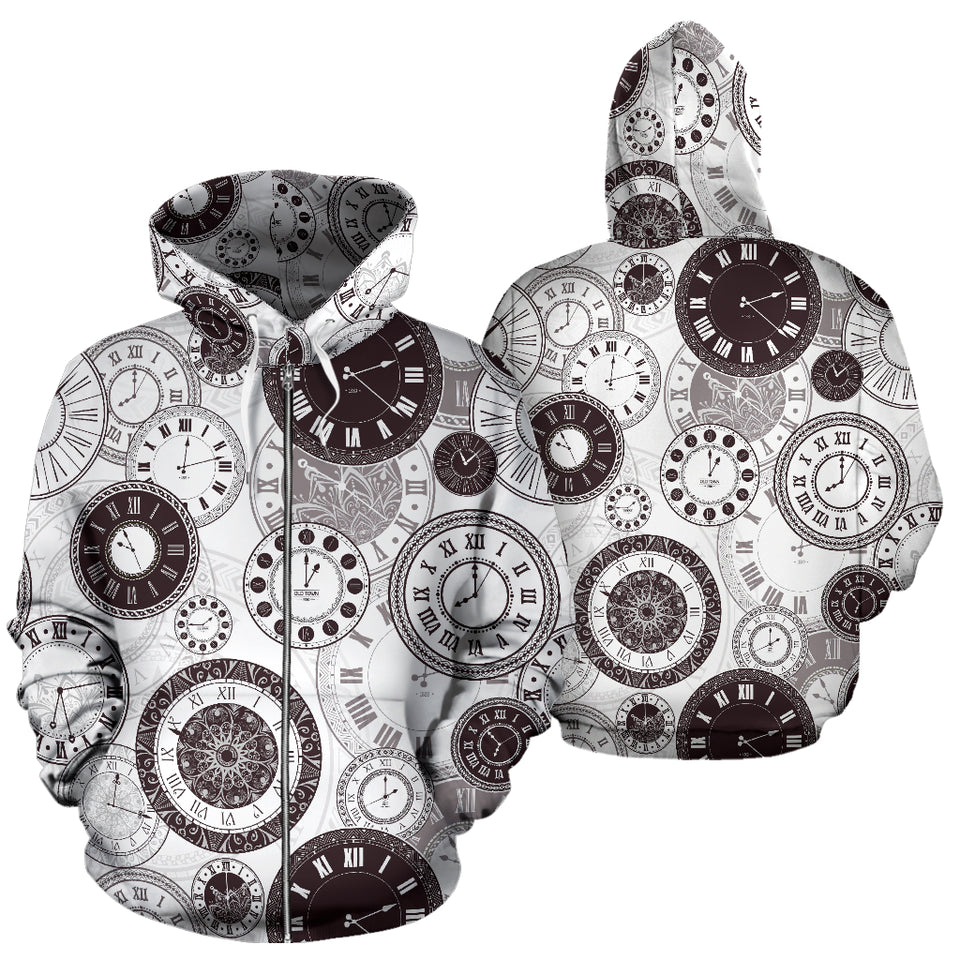Classic Vintage Clock Pattern Zip Up Hoodie
