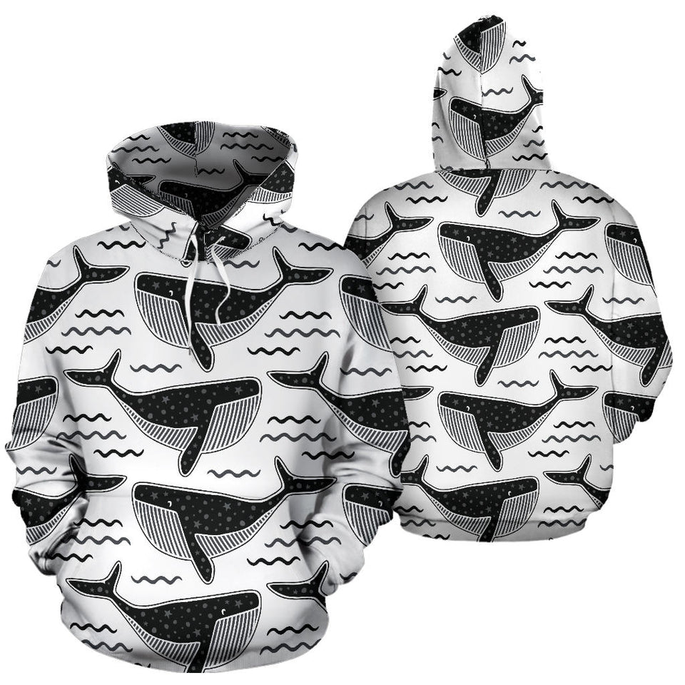 Black Whale Pattern Men Women Pullover Hoodie