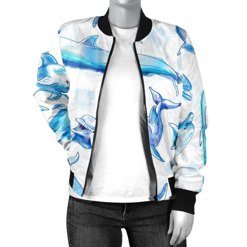 Watercolor Dolphin Pattern Women'S Bomber Jacket
