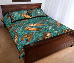 cute brown sea otters ornamental seaweed corals green water Quilt Bed Set