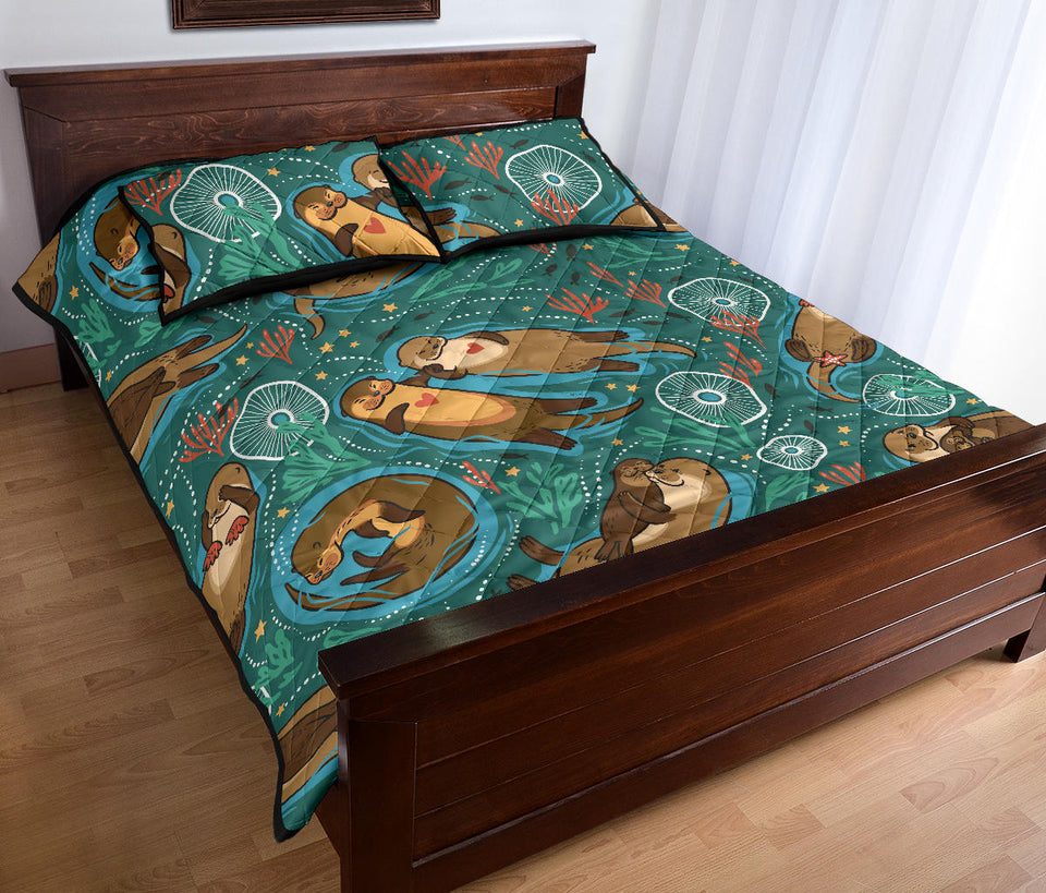 cute brown sea otters ornamental seaweed corals green water Quilt Bed Set